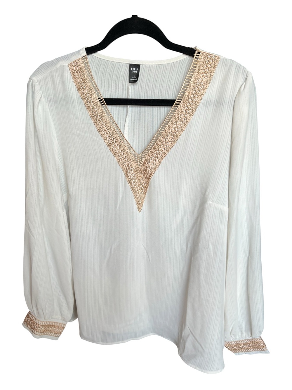 SHEIN Cream Colored V-Neck Blouse with Pretty Tan Crochet Trim